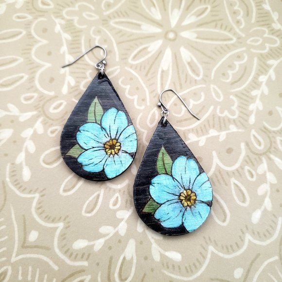 Forget-Me-Not Hand Painted Wood and Resin Teardrop Earrings - Picture 1 of 1